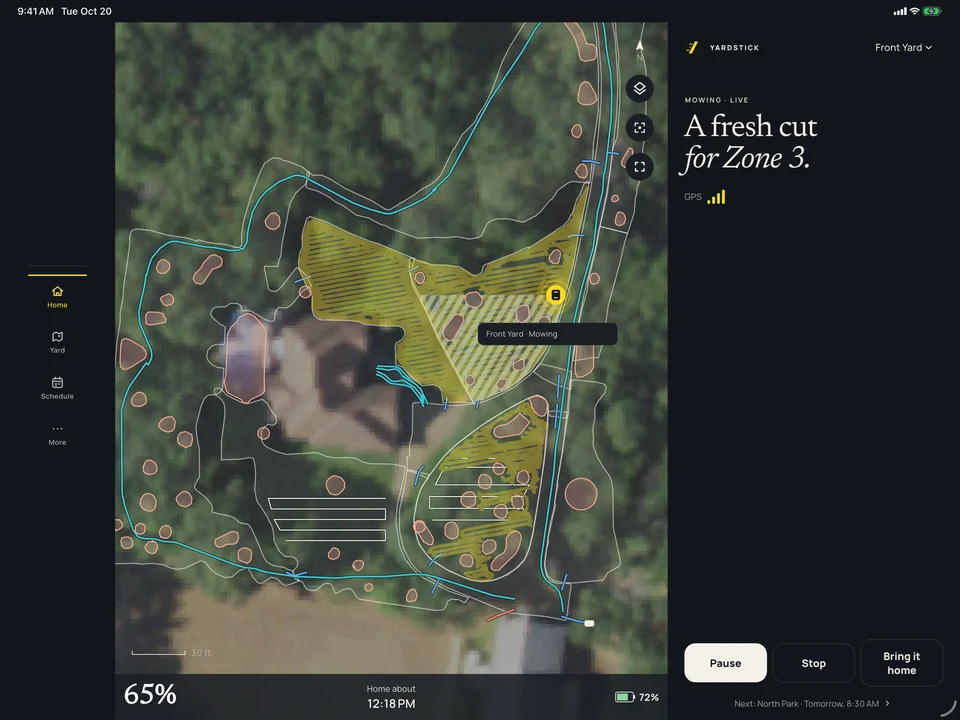Yardstick tablet app with yard map, live status, and controls