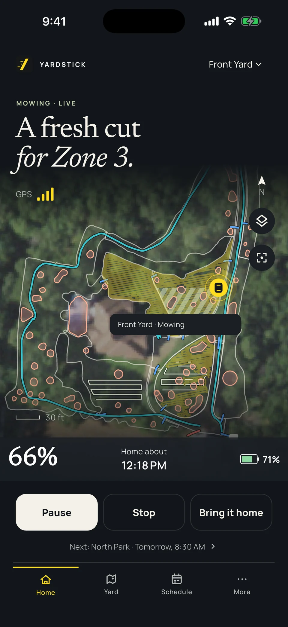 Yardstick iPhone app showing live mowing progress