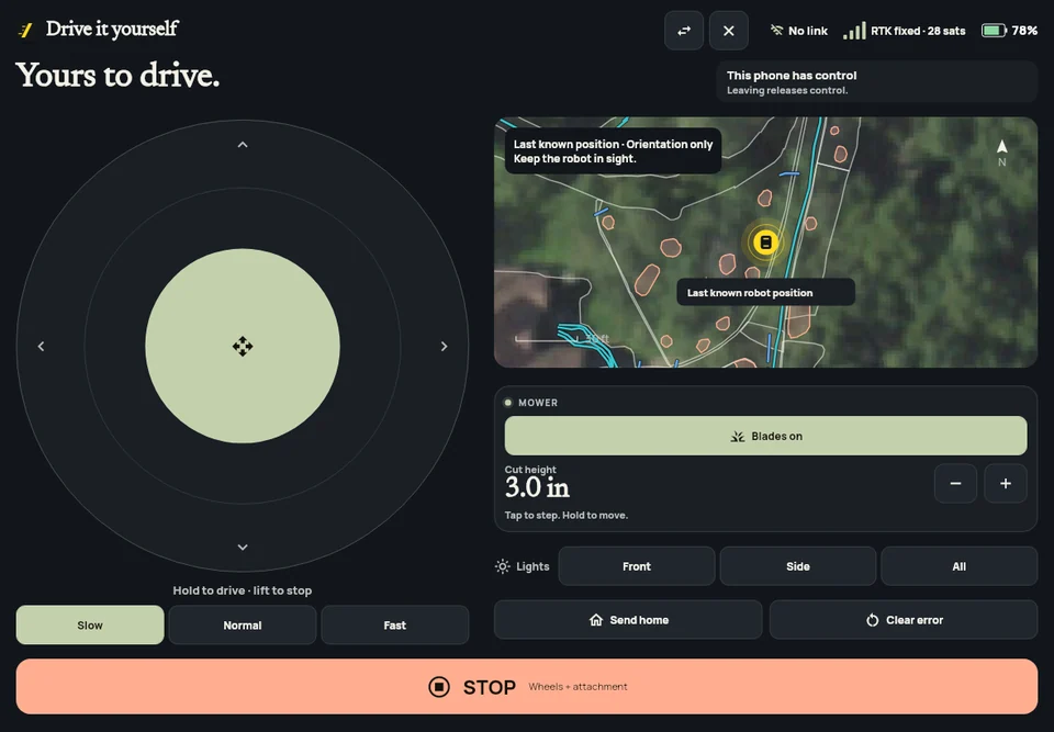 Tablet joystick controller with live map, attachment controls, and GPS signal strength
