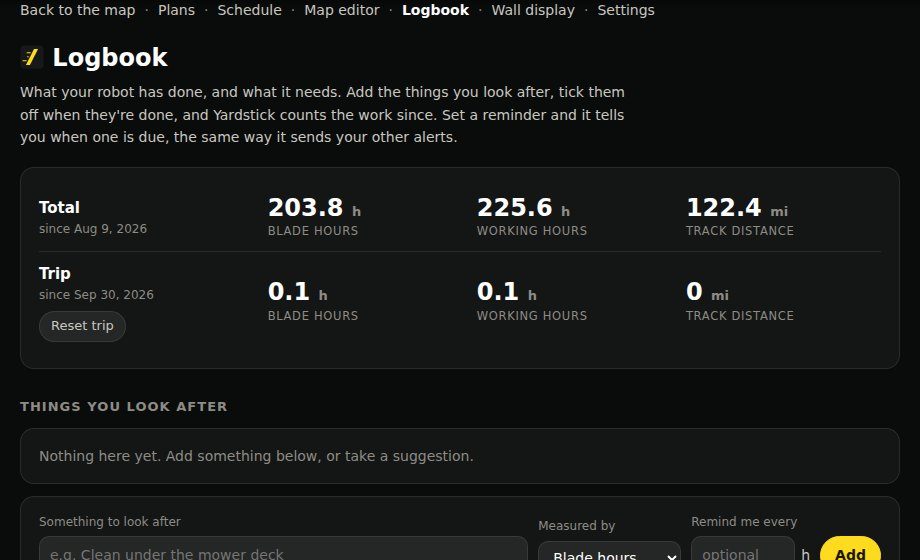 The Logbook: totals and a trip meter at the top, the things you look after below.