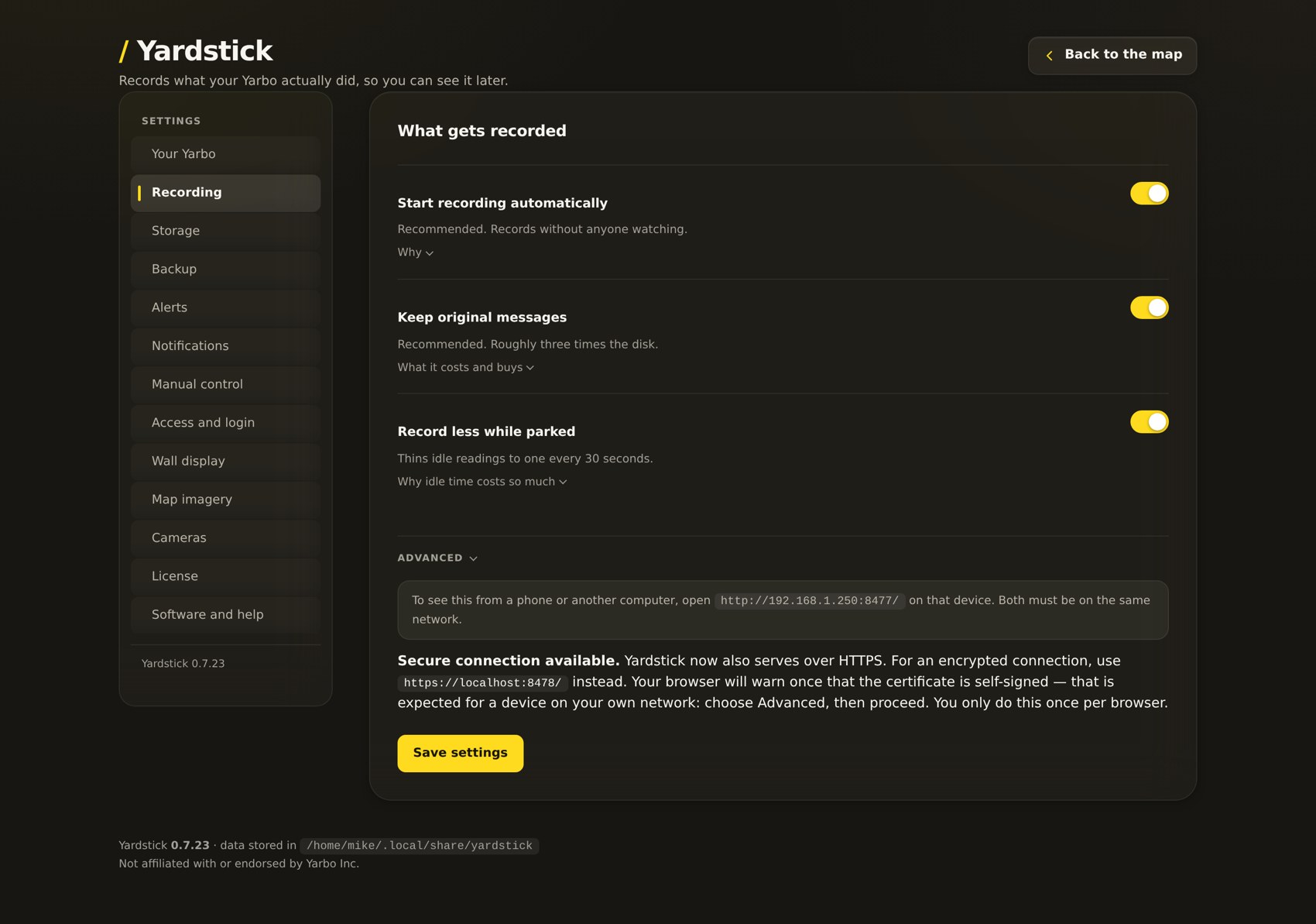 Thirteen sections of settings, from recording and storage to alerts, access and the wall display