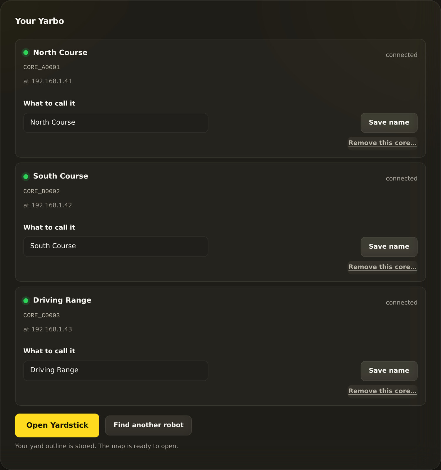 Manage the fleet: name, add or retire a core, from one place