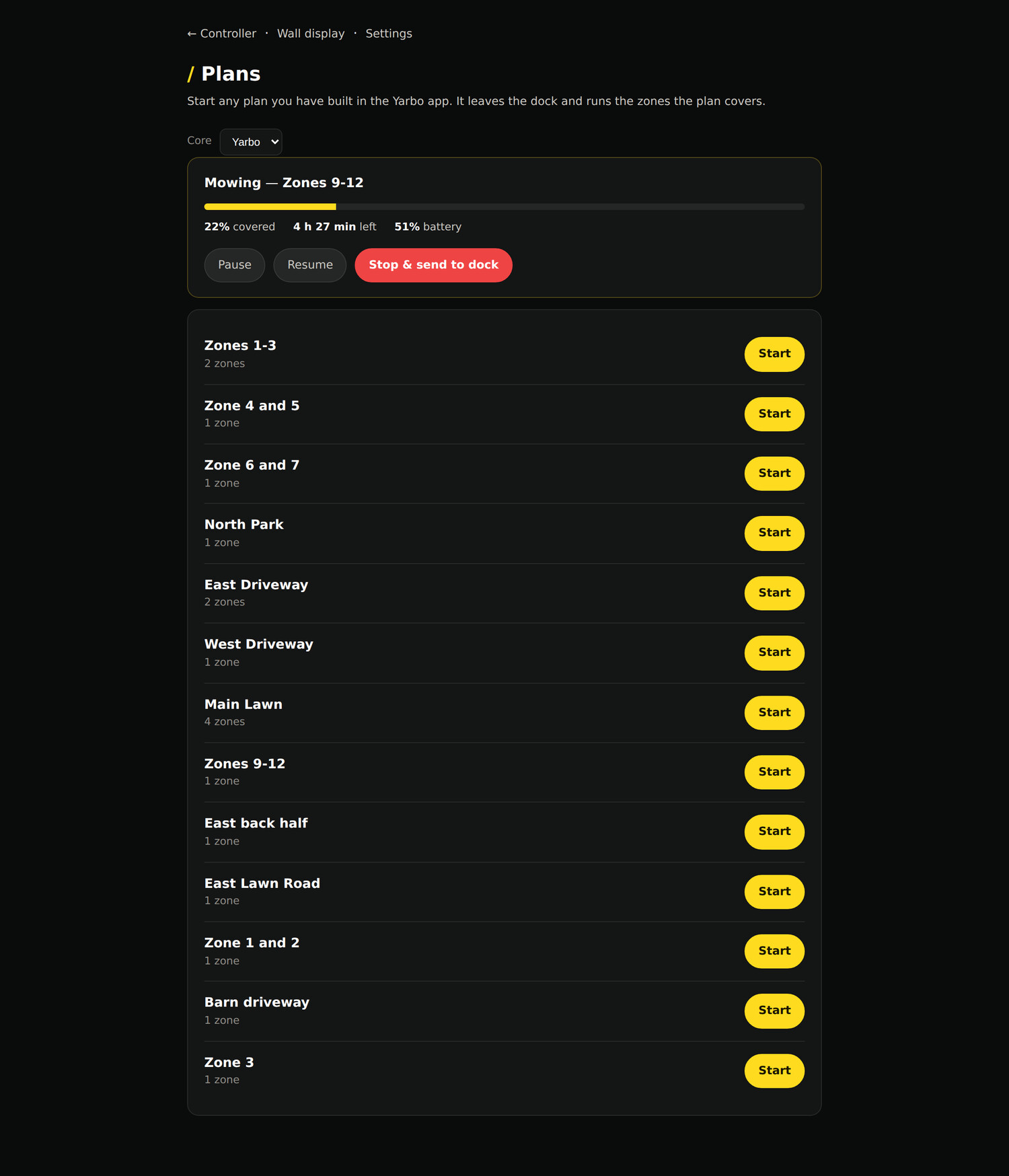 The Plans page: the robot’s saved work plans, each with a start button