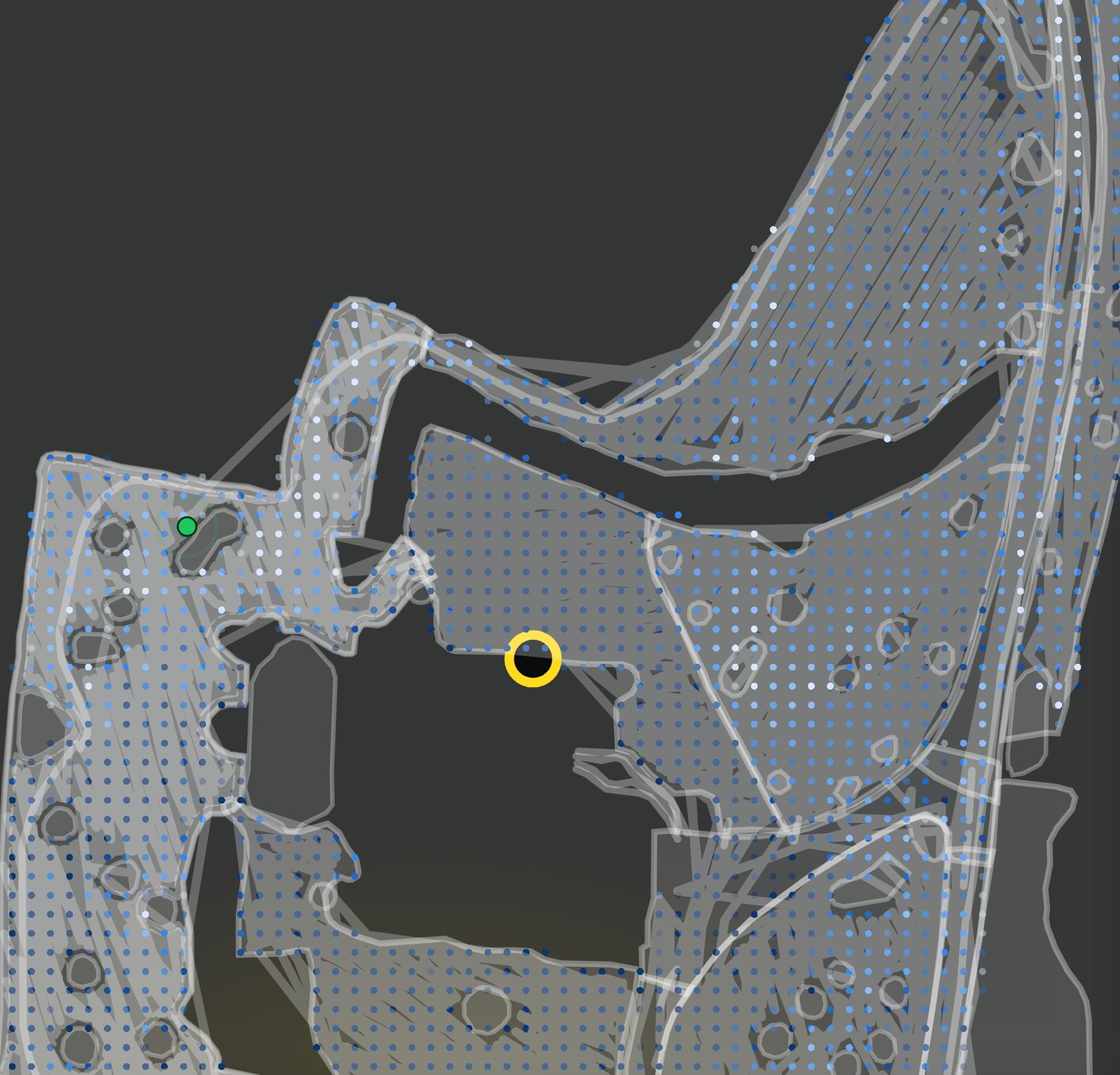 A yard map zoomed to individual cells, with the robot and a trouble spot marked