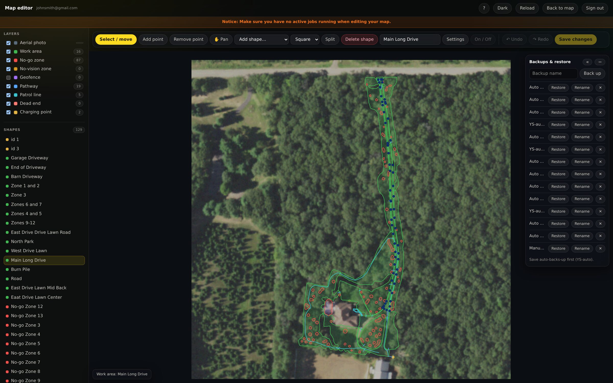 The Yardstick desktop map editor with a work area selected: its editable points highlighted on an aerial photo of the property, a layers panel of every zone type, and a backup and restore tray
