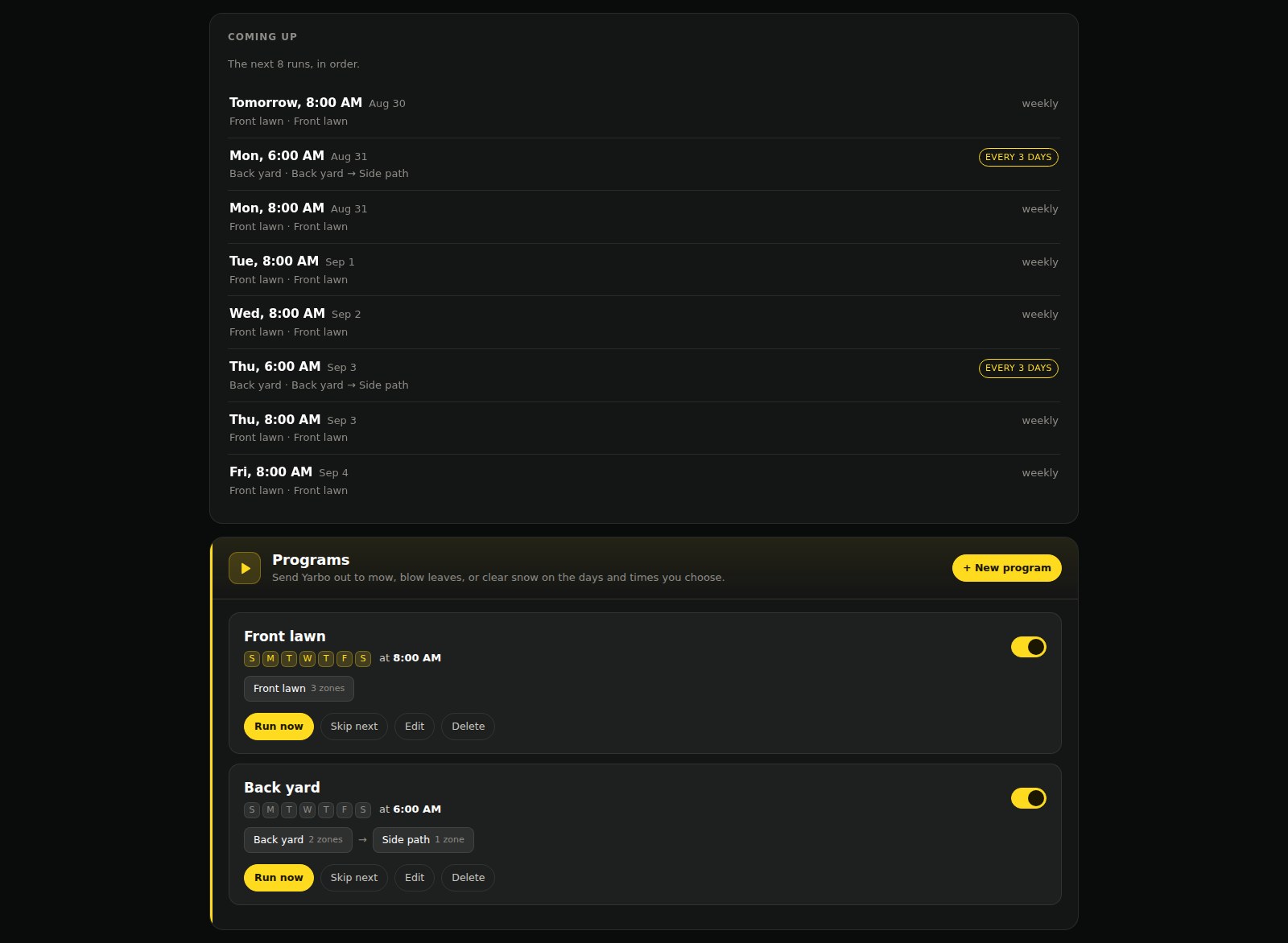 The Yardstick scheduler showing a program that repeats every three days alongside one that runs daily, above the list of dates each one lands on