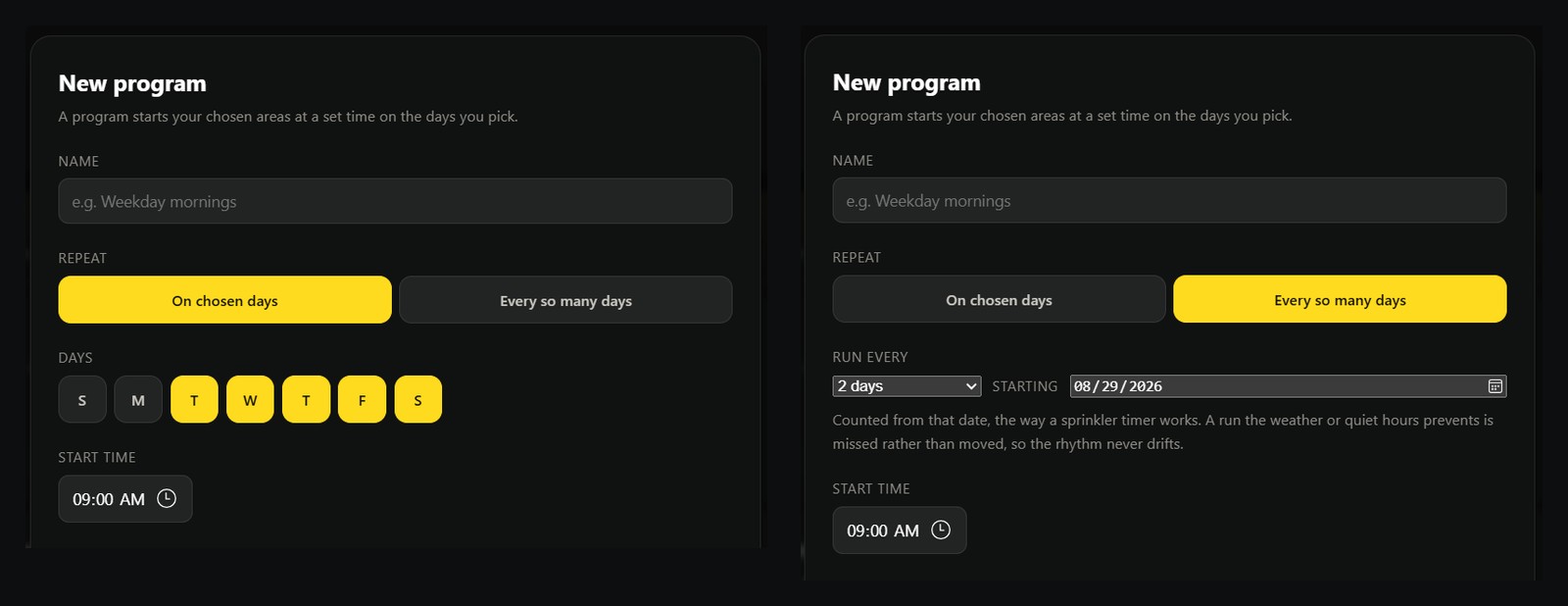 The New program dialog in both modes: on the left, weekdays picked with day buttons; on the right, Run every 2 days starting on a chosen date