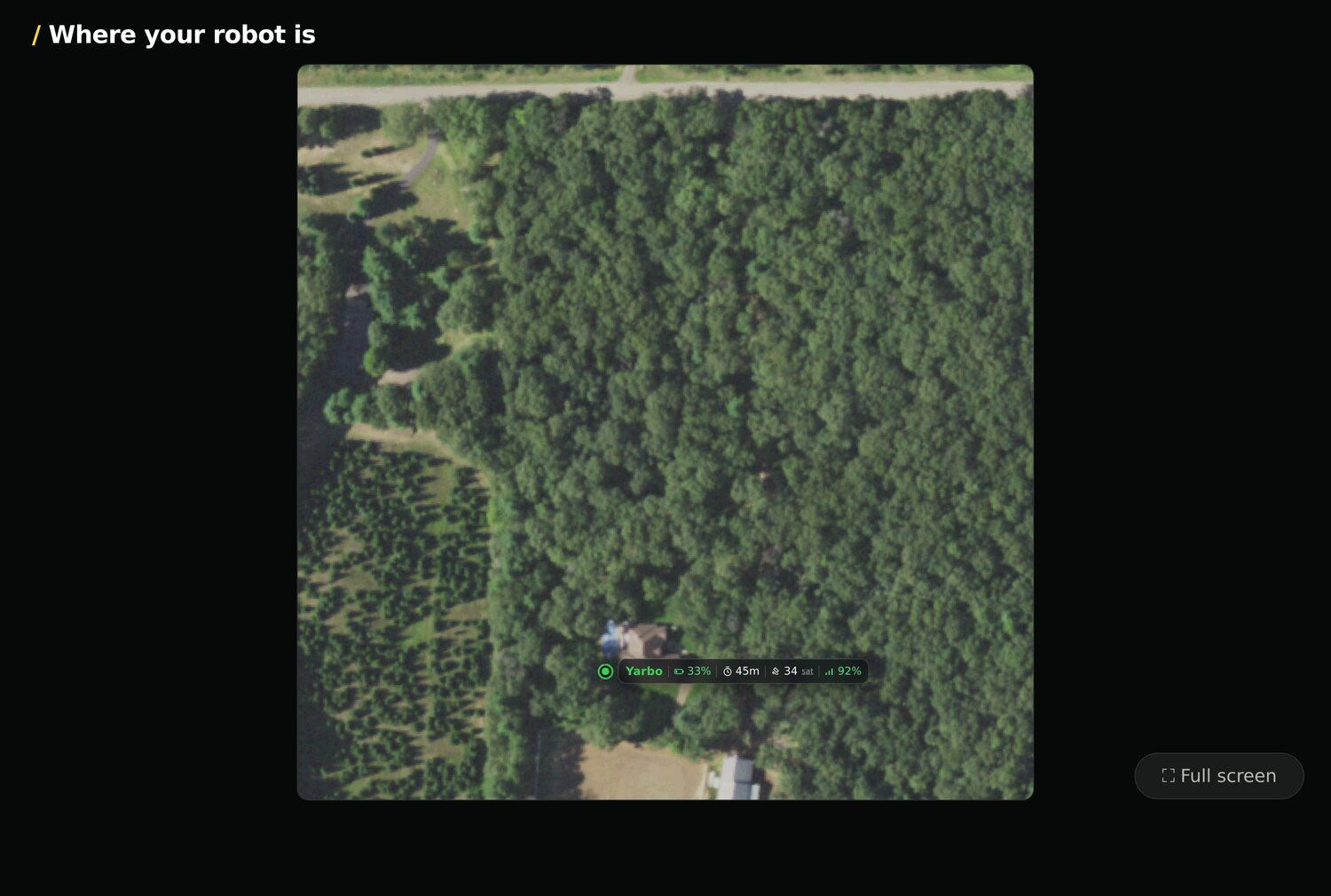 The Yardstick wall display live map, each robot a dot with its stats alongside