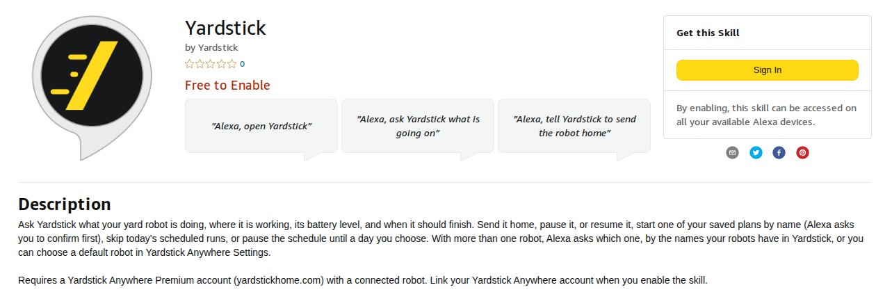 The Yardstick skill on Amazon: its icon, Free to Enable, three example phrases, and the Get this Skill box.
