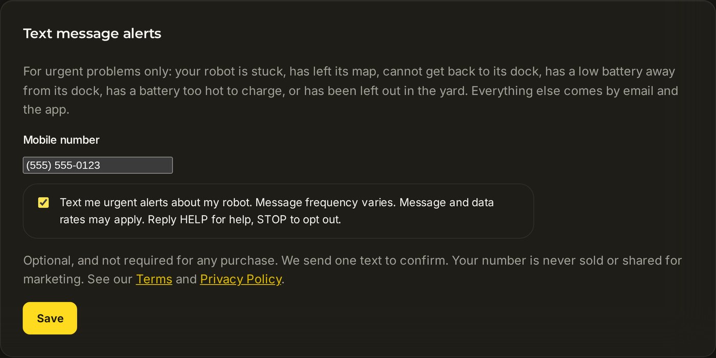 The Text message alerts card: what the texts are for, the Mobile number box, the tick box agreeing to texts, and the Save button.