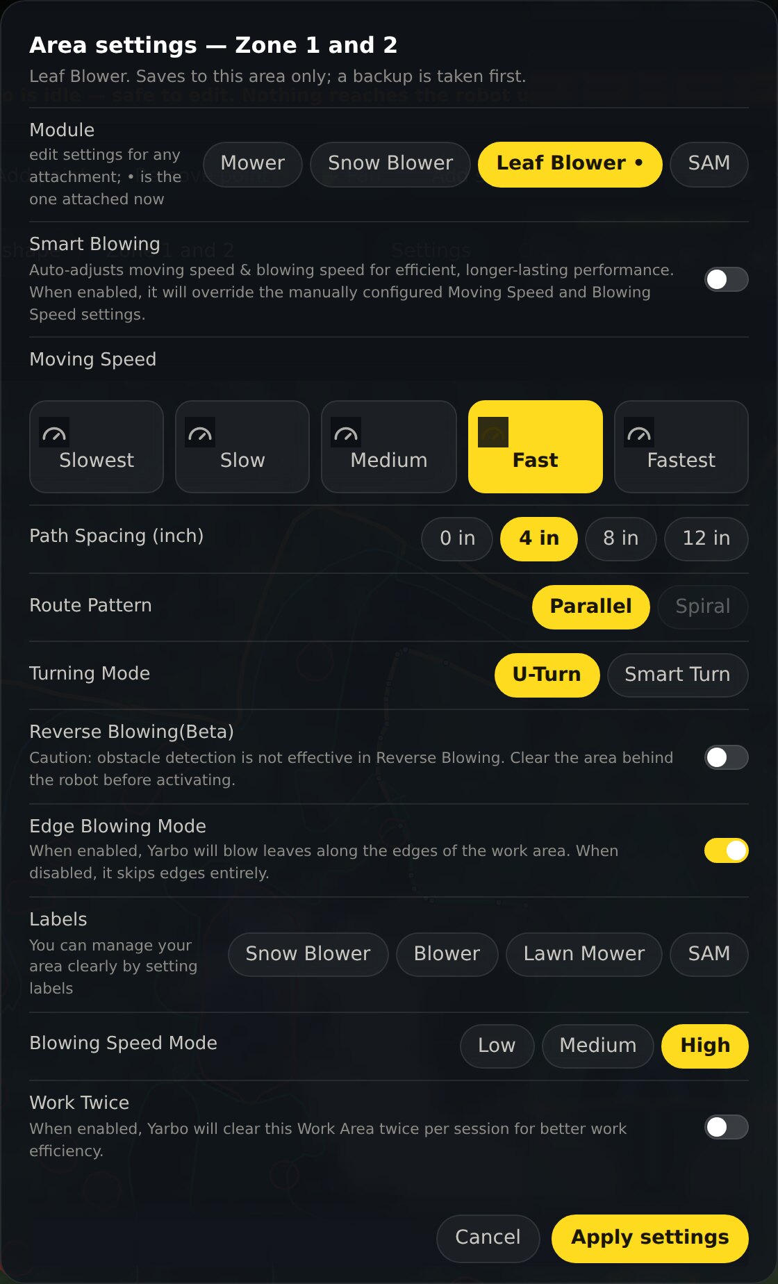 The Area settings dialog for a work area, showing a module switcher for Mower, Snow Blower, Leaf Blower and SAM, and settings for speed, path spacing, route pattern, turning mode and edge behavior.