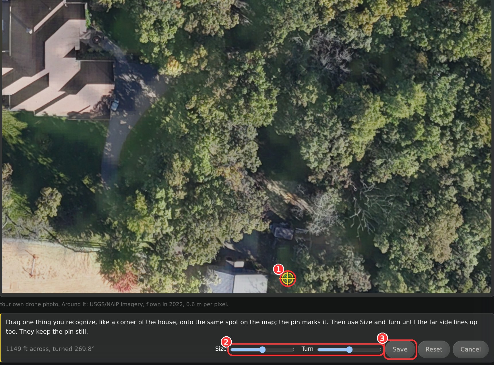 Align photo turned on: the photo see-through, a yellow crosshair pin on the dock, and the bar below with Size and Turn sliders and Save, Reset and Cancel buttons.