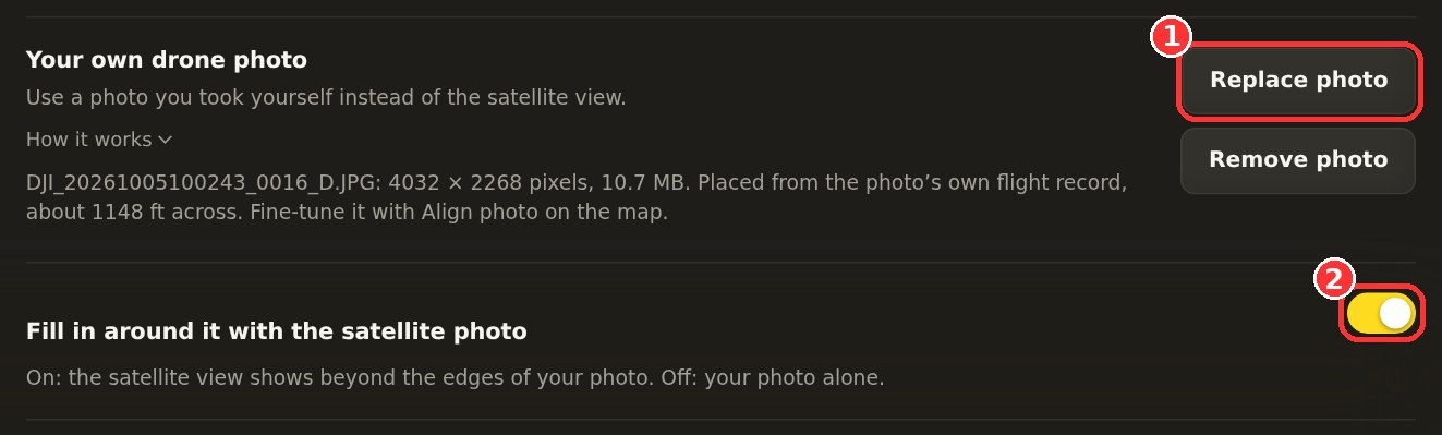 The Your own drone photo card in Settings: the photo's name, size and how far across it is, with Replace photo and Remove photo buttons, and the switch to fill in around it with the satellite photo.