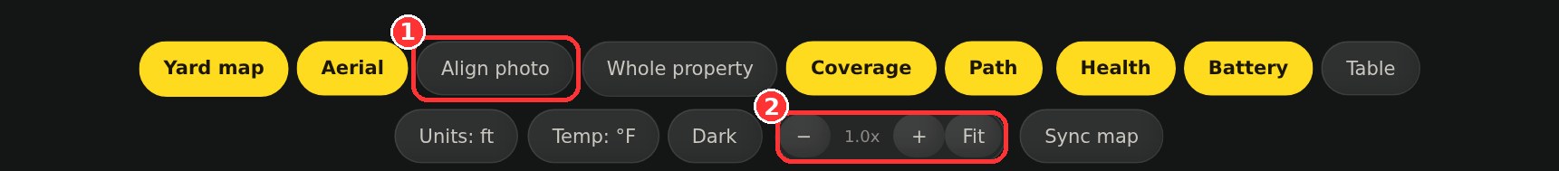 The buttons under the map: Yard map, Aerial, Align photo, Whole property, Coverage, Path and the panels, with the zoom minus, plus and Fit buttons below.