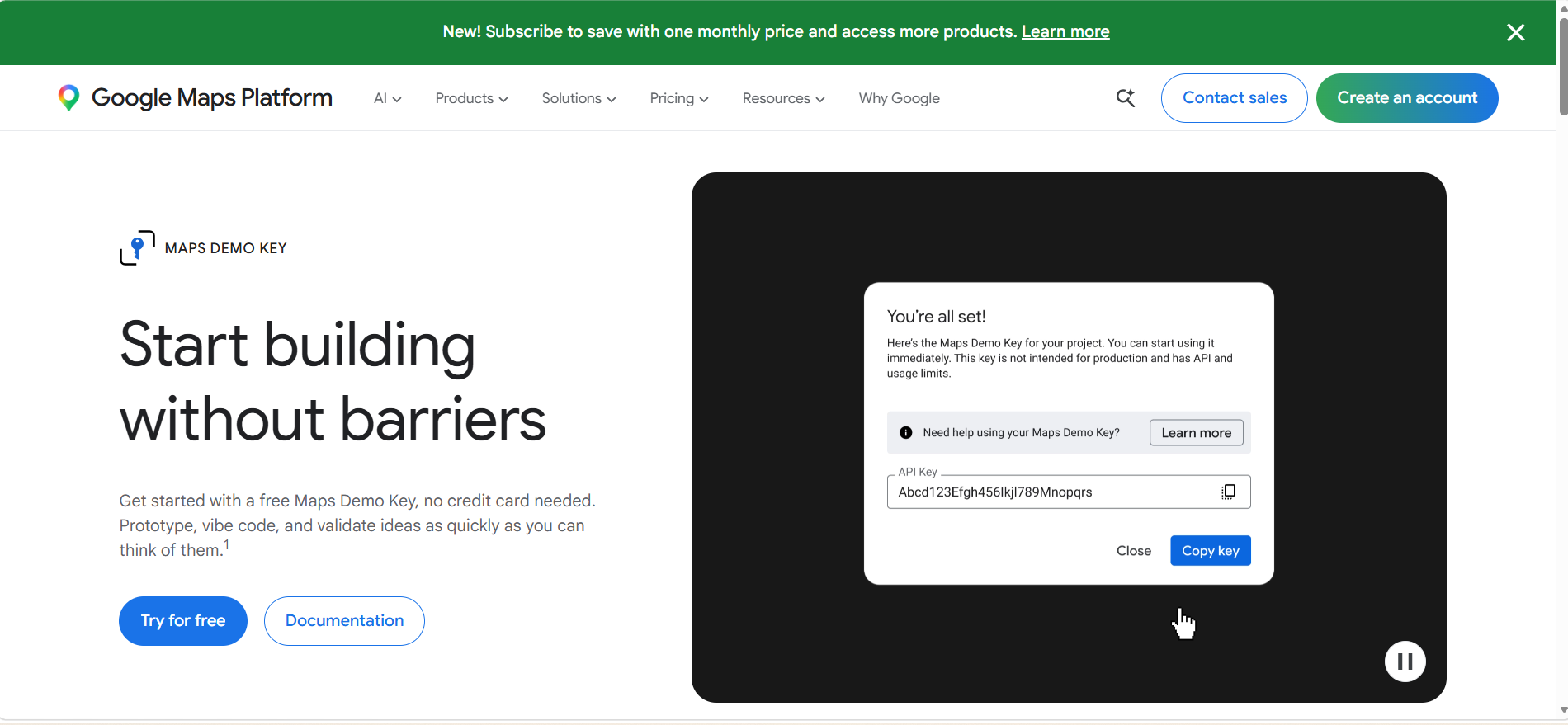 The Google Maps Platform page headed Start building without barriers, with a Maps Demo Key panel showing an example API key and a Copy key button.
