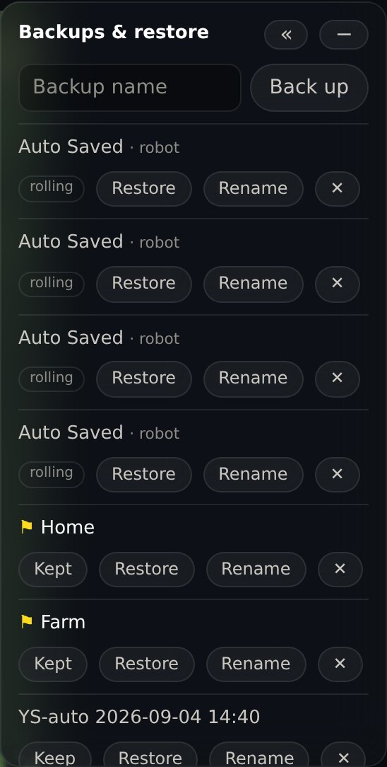 The Backups and restore panel in the map editor, listing named backups with Keep, Restore and Rename buttons, and the robot's own rolling Auto Saved entries.