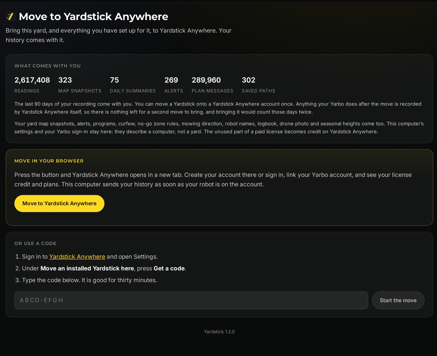 The Move to Yardstick Anywhere page in the installed Yardstick: what comes with you, the Move in your browser box with its yellow button, and Or use a code underneath.