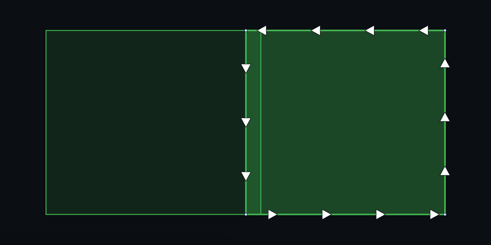 The same two zones after a Ctrl-drag: the right-hand zone's left edge now reaches past the left-hand zone's edge, leaving a narrow overlapping strip between them.