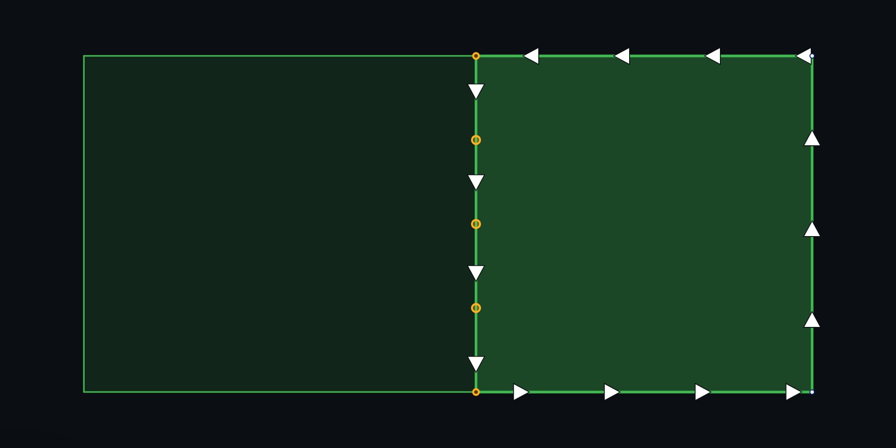 Two zones side by side in the map editor. The selected zone on the right shares its left border with the zone on the left; the points along that border are orange.