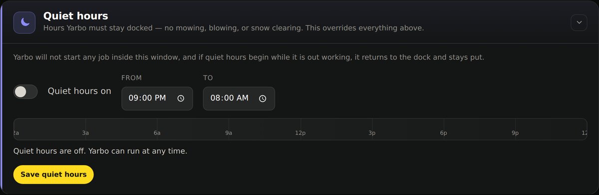 The Quiet hours section: a switch, a From and To time, and a 24-hour strip showing the quiet window.