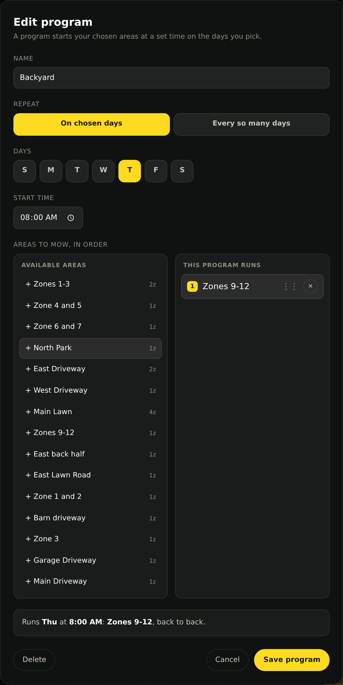 The New program dialog: a name field, repeat mode, day buttons, start time, and two columns for choosing which areas the program runs and in what order.