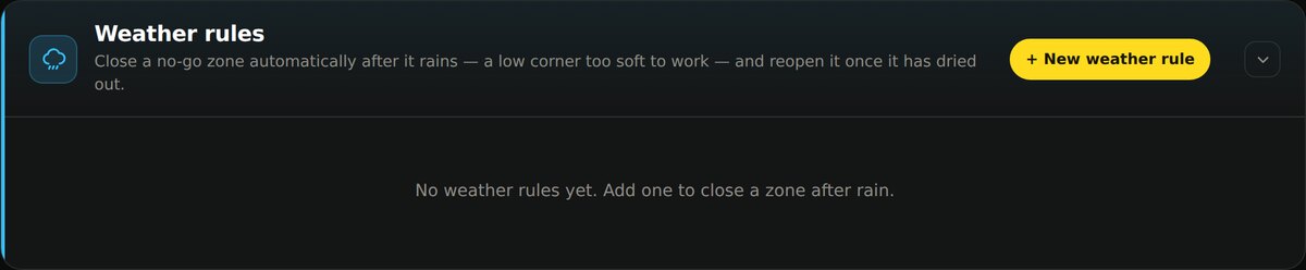 The Weather rules section of the Scheduler, with a New weather rule button.