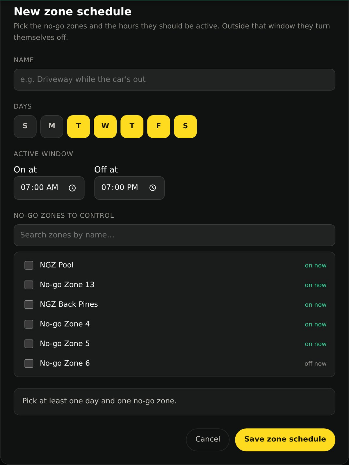 The New zone schedule dialog: name, day buttons, an on-at and off-at time, and a searchable list of no-go zones with checkboxes.