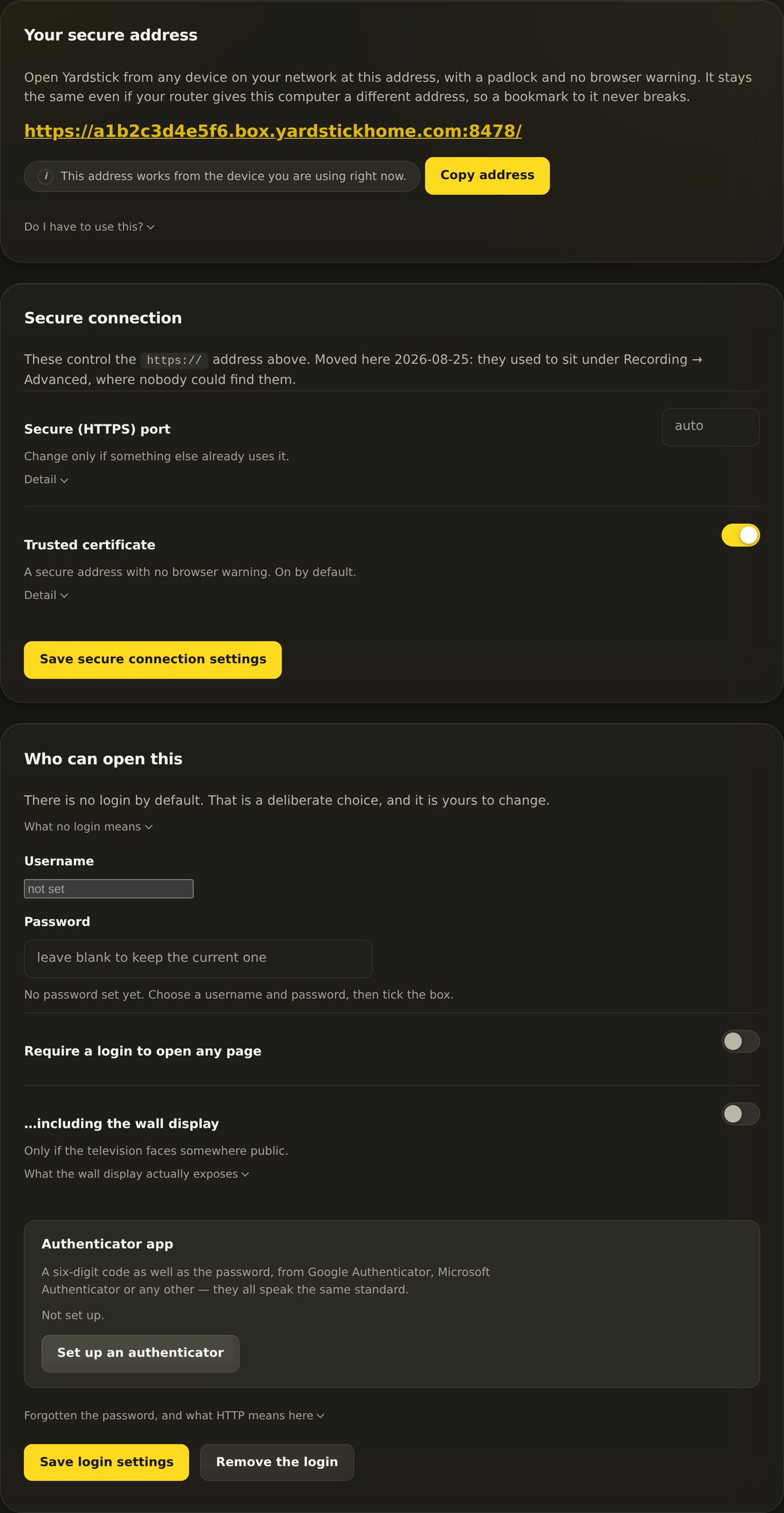 The Access and login settings panel: a Username field, a Password field, a toggle to require a login on every page, a second toggle for the wall display, and an option to set up an authenticator app.