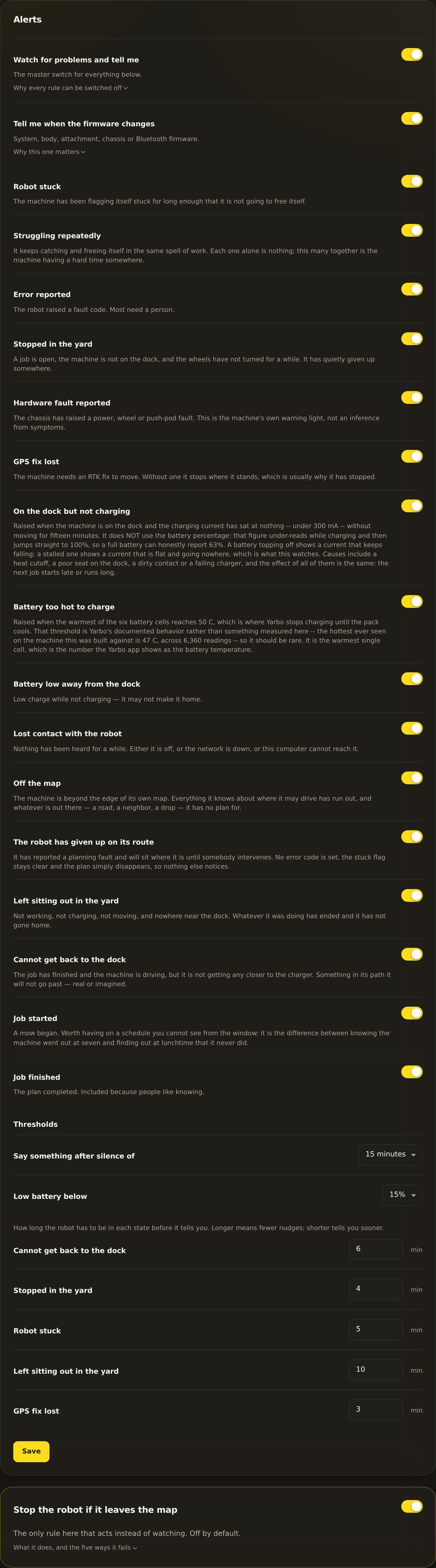 The Alerts settings panel: the master 'Watch for problems and tell me' switch, a list of alert rules each with its own on or off toggle, and two threshold dropdowns for silence and low battery.