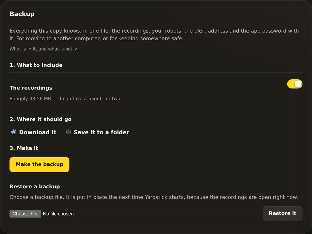 The Backup panel: a 'The recordings' toggle turned on with its size, a Download it or Save it to a folder choice, and a Make the backup button.