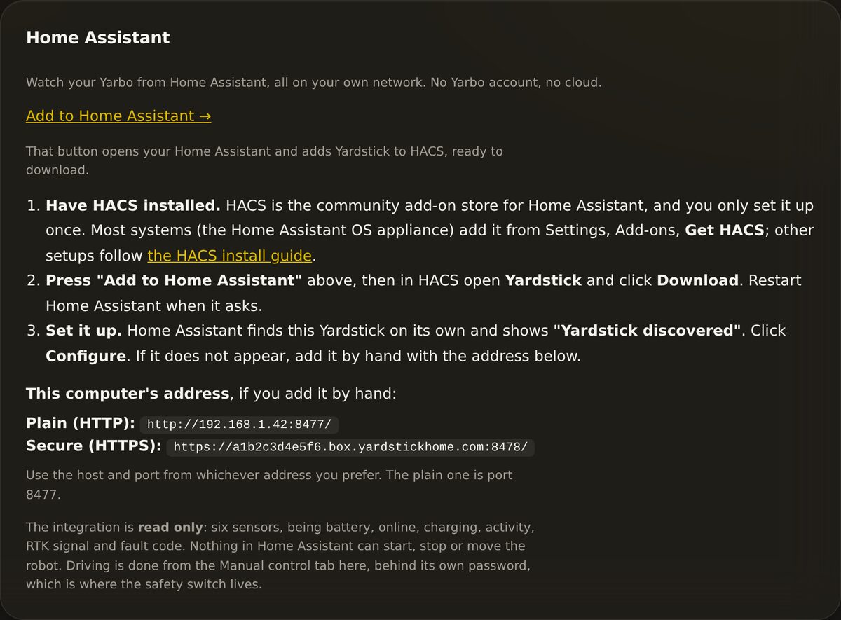 The Home Assistant section of Settings: an Add to Home Assistant button, three setup steps for HACS, this computer's address, and a note that the integration is read only.