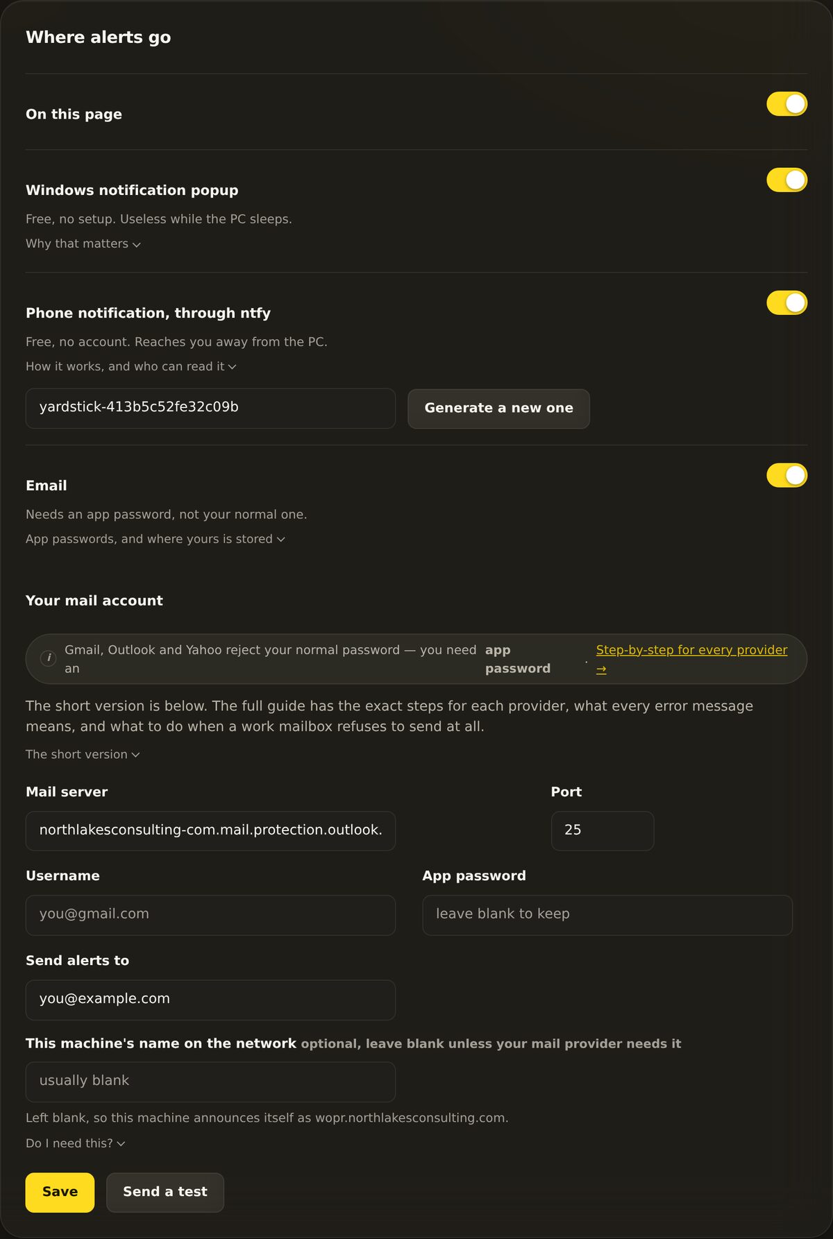 The Notifications settings panel: toggles and fields for an on-page banner, a Windows popup, phone push through ntfy with a topic name field, and email through your own SMTP account.