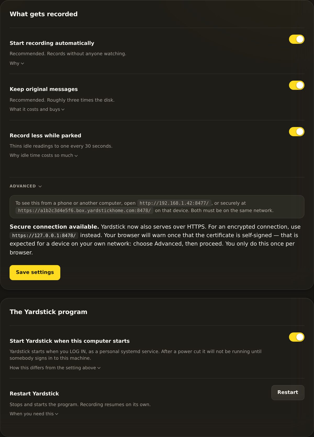The Recording settings panel with the Start recording automatically option switched on.