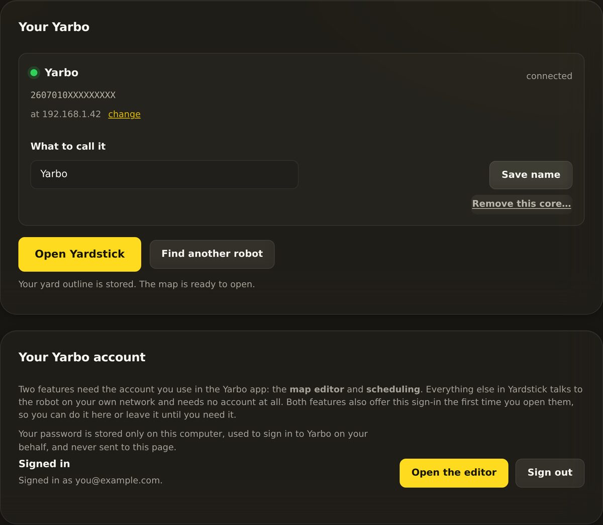 The Your Yarbo panel showing the robots on your Yarbo account and the list of cores that have been added.