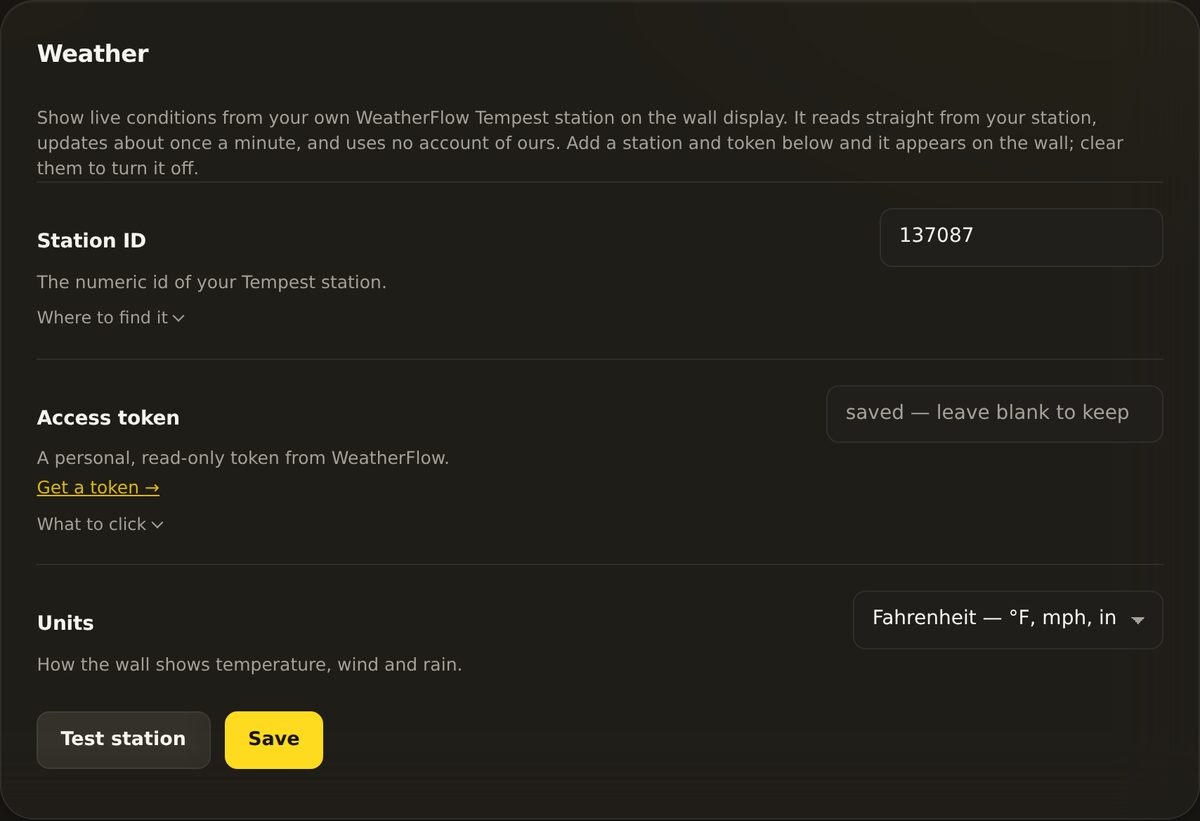 The Weather settings panel with a Station ID field, an Access token field, a Units choice of Fahrenheit or Celsius, and Test station and Save buttons.