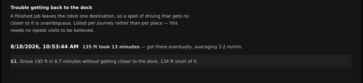 Trouble getting back to the dock: one line per journey, with how far it drove and whether it arrived.