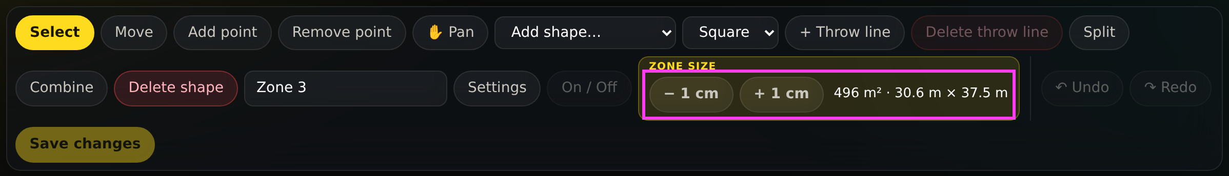 The map editor toolbar with a zone selected. The Zone size group shows minus 1 cm and plus 1 cm buttons and a size of 496 square meters, 30.6 by 37.5 meters.